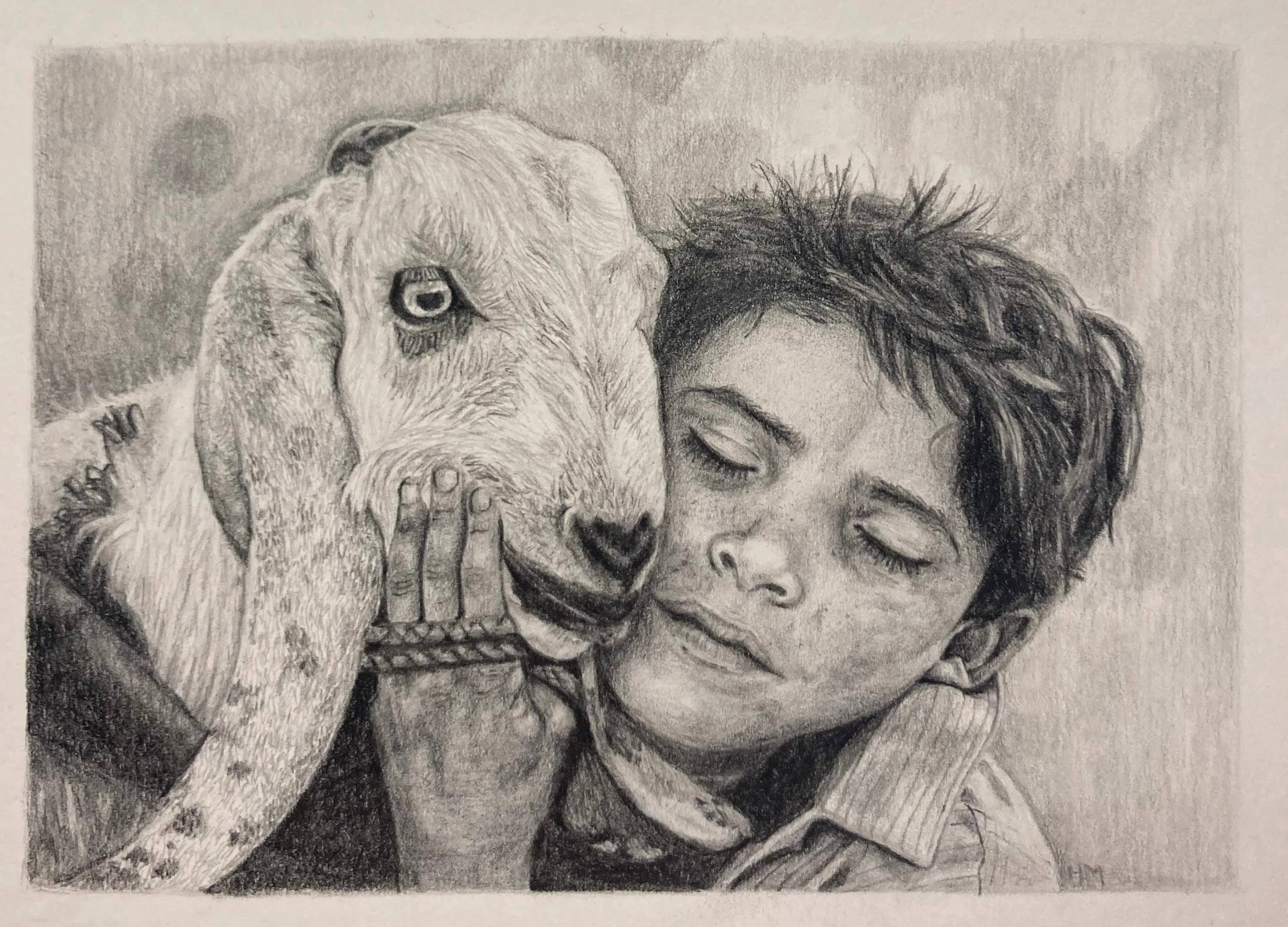 Graphite drawing of a boy resting his cheek against a young goat he cradles in his arms, his eyes closed.