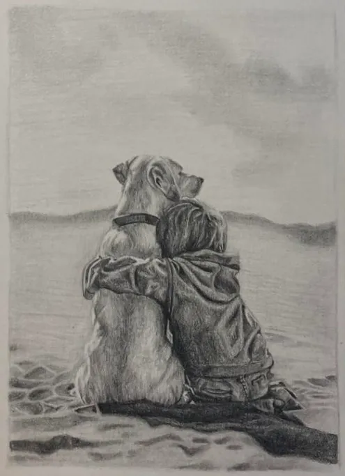 Graphite drawing of a child and a dog seen from behind, arms around each other, looking out at the sea.
