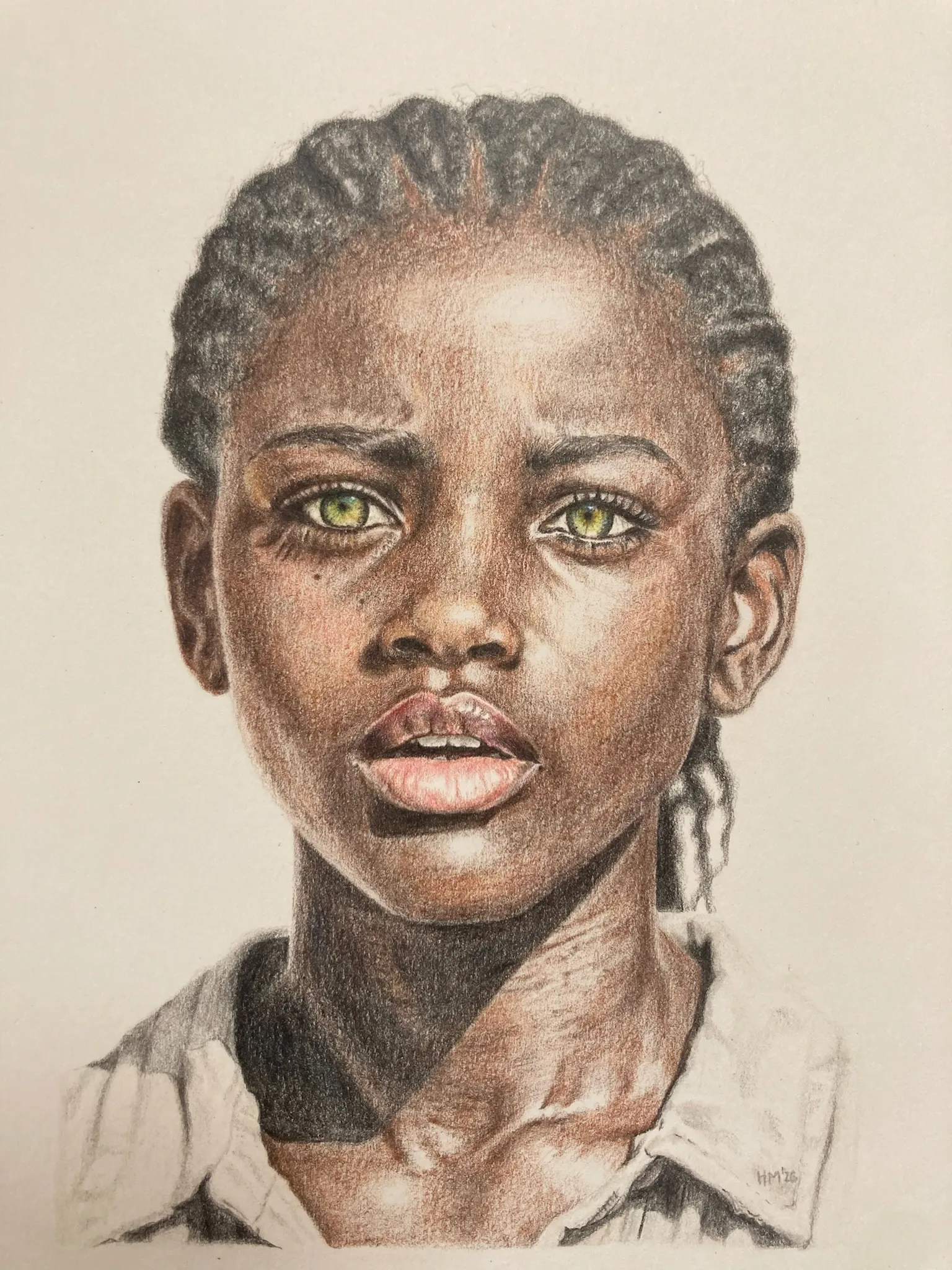 Colored-pencil portrait of a young girl with luminous green eyes gazing directly at the viewer.